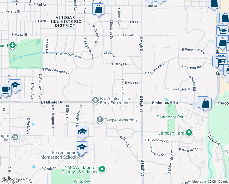 map of restaurants, bars, coffee shops, grocery stores, and more near 1325 South Longwood Drive in Bloomington