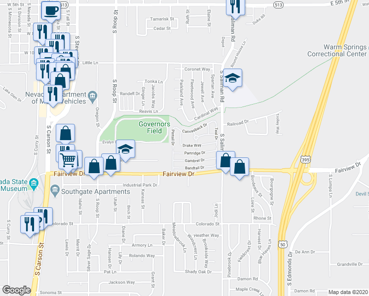 map of restaurants, bars, coffee shops, grocery stores, and more near 1133 Drake Way in Carson City