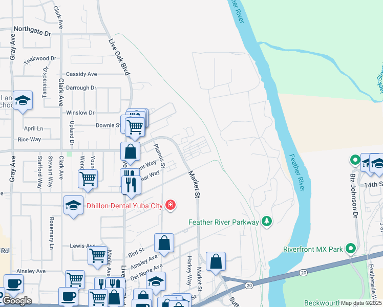 map of restaurants, bars, coffee shops, grocery stores, and more near 1449 Market Street in Yuba City