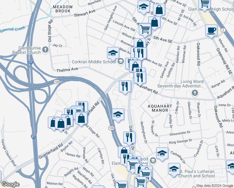 map of restaurants, bars, coffee shops, grocery stores, and more near 267 Truck Farm Drive in Glen Burnie