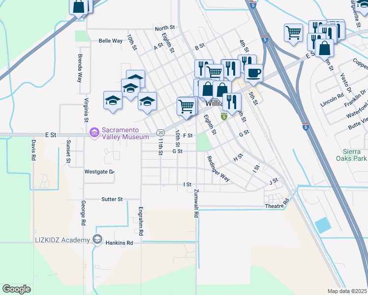 map of restaurants, bars, coffee shops, grocery stores, and more near 970 G Street in Williams