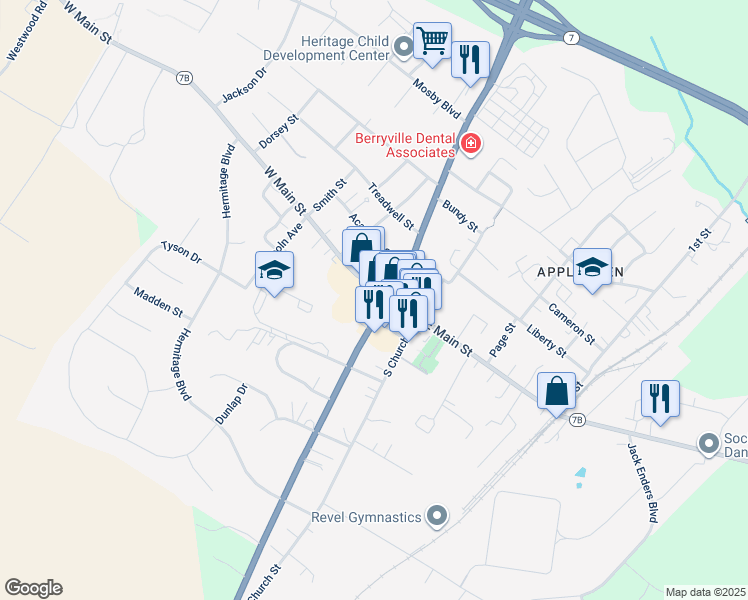 map of restaurants, bars, coffee shops, grocery stores, and more near 103 West Main Street in Berryville