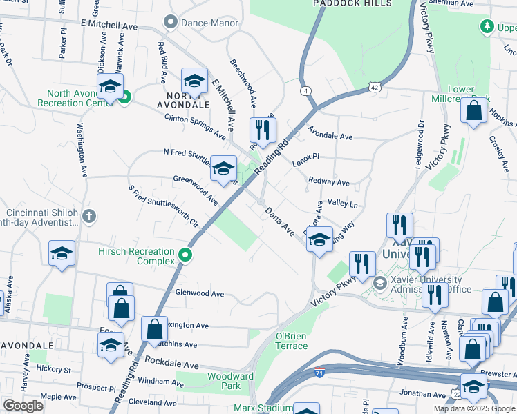 map of restaurants, bars, coffee shops, grocery stores, and more near 927 Dana Avenue in Cincinnati