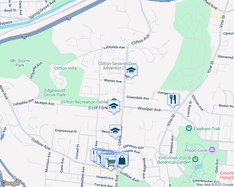 map of restaurants, bars, coffee shops, grocery stores, and more near 3755 Clifton Avenue in Cincinnati
