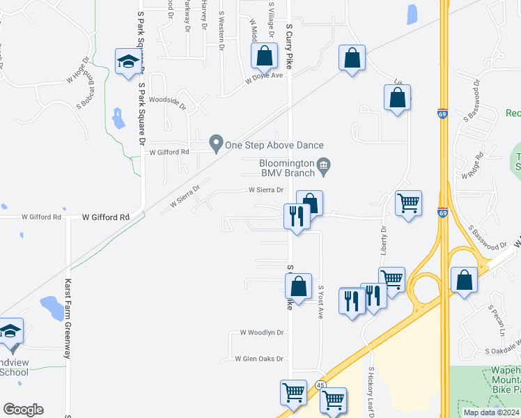 map of restaurants, bars, coffee shops, grocery stores, and more near 1670 South Curry Pike in Bloomington