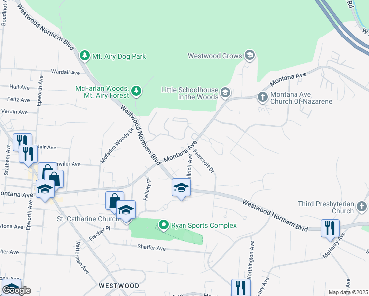 map of restaurants, bars, coffee shops, grocery stores, and more near 2714 Montana Avenue in Cincinnati