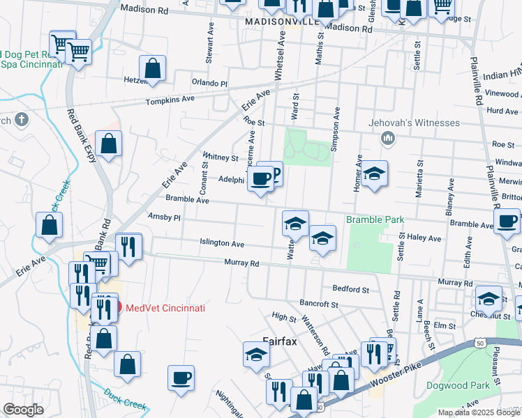map of restaurants, bars, coffee shops, grocery stores, and more near 5831 Bramble Avenue in Cincinnati