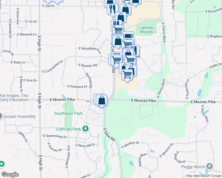 map of restaurants, bars, coffee shops, grocery stores, and more near 1372 South College Mall Road in Bloomington