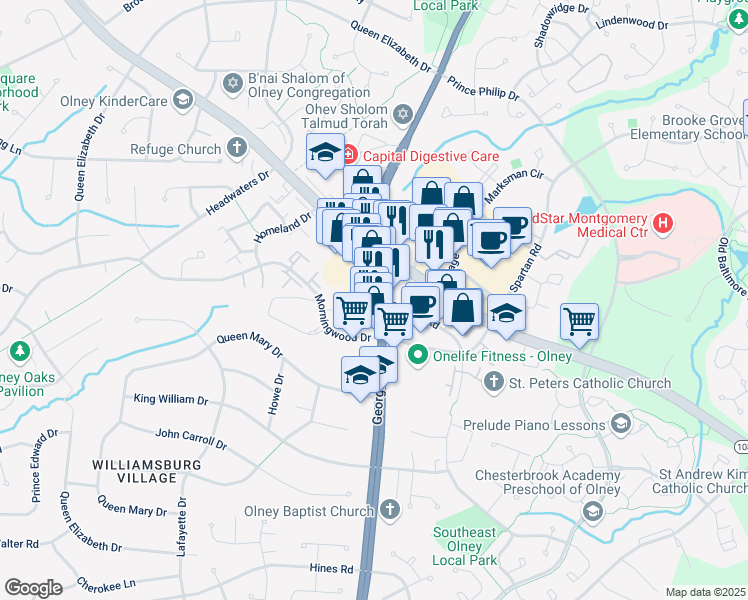 map of restaurants, bars, coffee shops, grocery stores, and more near 18010 Georgia Avenue in Olney