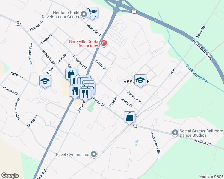 map of restaurants, bars, coffee shops, grocery stores, and more near 104 Liberty Street in Berryville