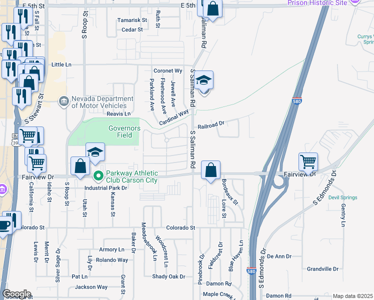 map of restaurants, bars, coffee shops, grocery stores, and more near 1332 Partridge Drive in Carson City