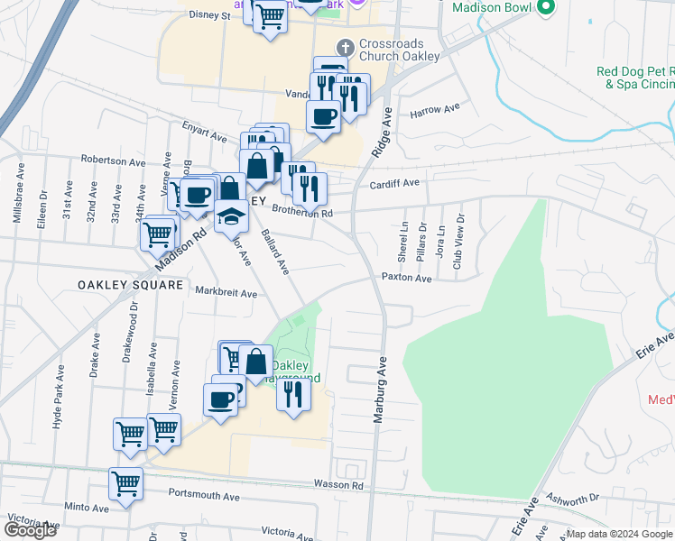 map of restaurants, bars, coffee shops, grocery stores, and more near in Cincinnati