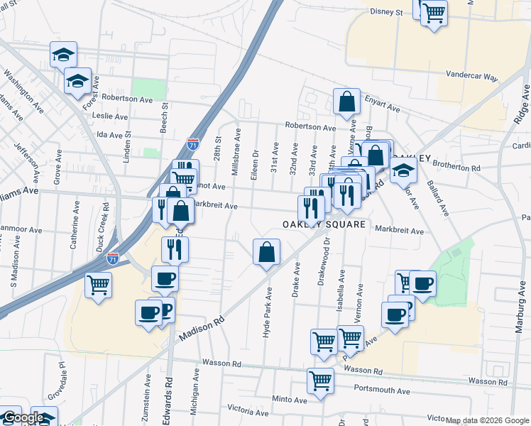 map of restaurants, bars, coffee shops, grocery stores, and more near 2865 Markbreit Avenue in Cincinnati