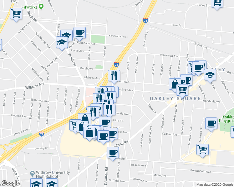 map of restaurants, bars, coffee shops, grocery stores, and more near 3945 Briggs Place in Cincinnati