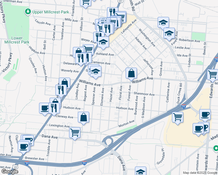 map of restaurants, bars, coffee shops, grocery stores, and more near 3955 Hazel Avenue in Cincinnati