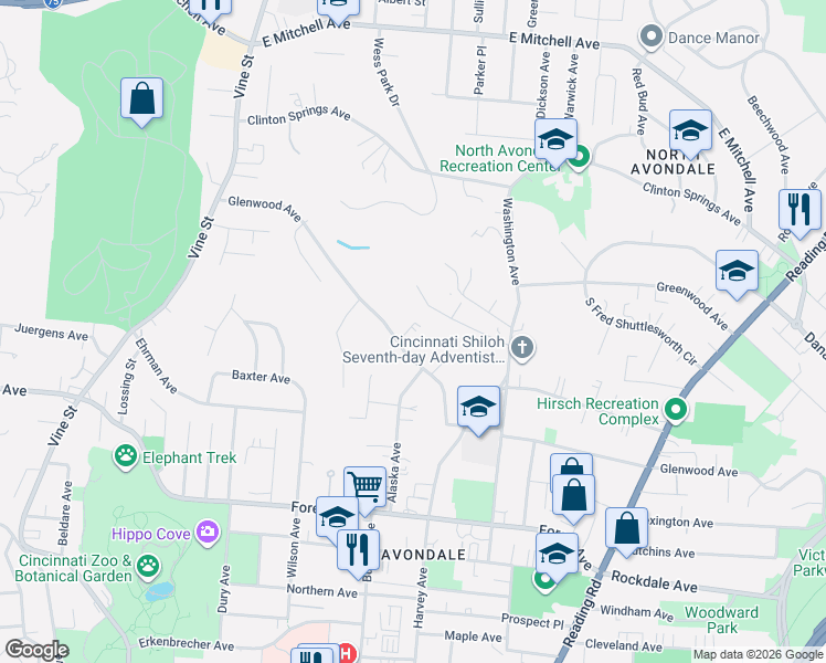 map of restaurants, bars, coffee shops, grocery stores, and more near 420 Glenwood Avenue in Cincinnati