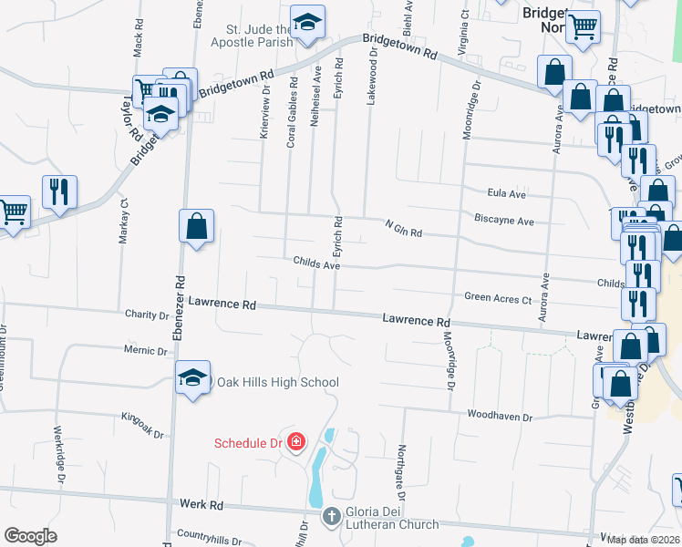 map of restaurants, bars, coffee shops, grocery stores, and more near 5868 Weston Court in Cincinnati