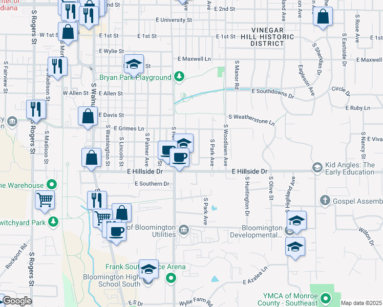 map of restaurants, bars, coffee shops, grocery stores, and more near 600-698 East Brenda Lane in Bloomington