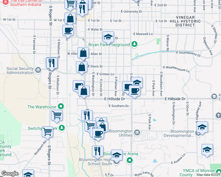 map of restaurants, bars, coffee shops, grocery stores, and more near 1316 South Grant Street in Bloomington