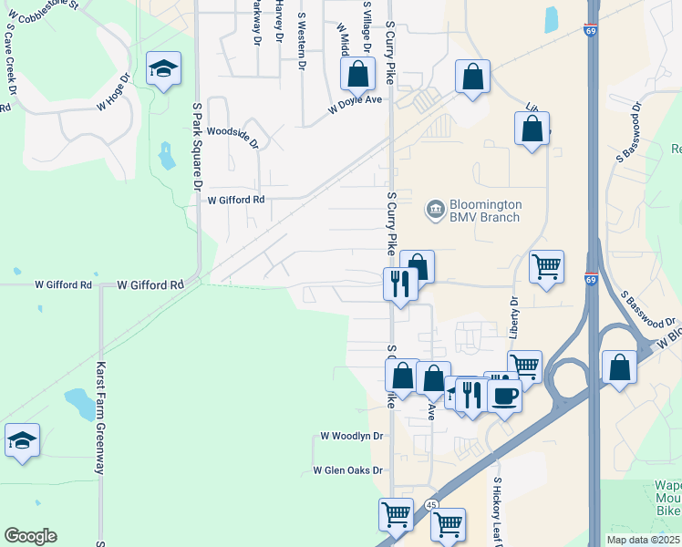 map of restaurants, bars, coffee shops, grocery stores, and more near 1670 South Curry Pike in Bloomington