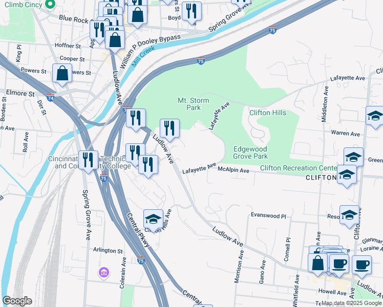 map of restaurants, bars, coffee shops, grocery stores, and more near 900 Rue De La Paix in Cincinnati