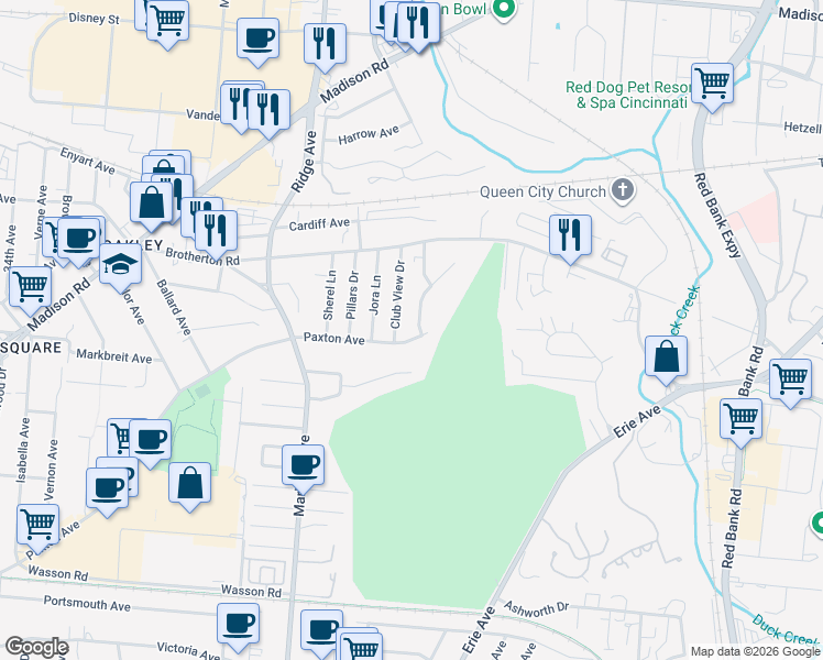 map of restaurants, bars, coffee shops, grocery stores, and more near 4265 Paxton Avenue in Cincinnati