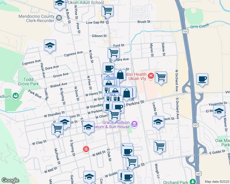 map of restaurants, bars, coffee shops, grocery stores, and more near 303 North Main Street in Ukiah