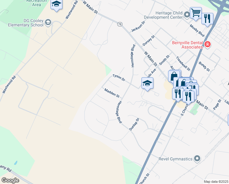 map of restaurants, bars, coffee shops, grocery stores, and more near 412 Madden Street in Berryville