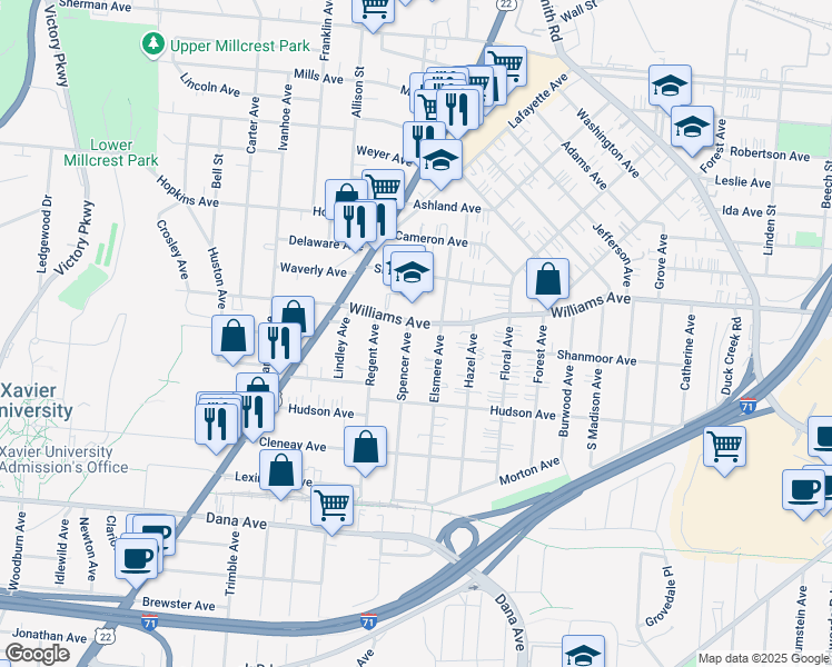 map of restaurants, bars, coffee shops, grocery stores, and more near 3956 Spencer Avenue in Cincinnati