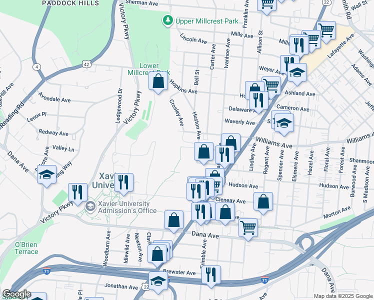 map of restaurants, bars, coffee shops, grocery stores, and more near 1775 Mentor Avenue in Norwood