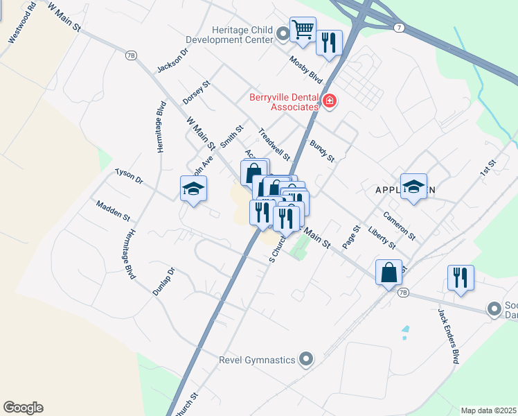 map of restaurants, bars, coffee shops, grocery stores, and more near 2371 Parshall Road in Berryville