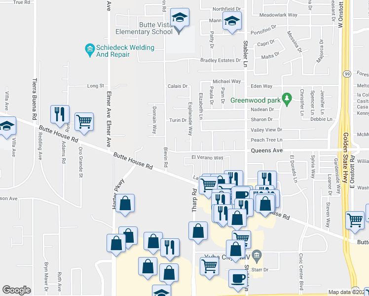 map of restaurants, bars, coffee shops, grocery stores, and more near 1735 Queens Avenue in Yuba City