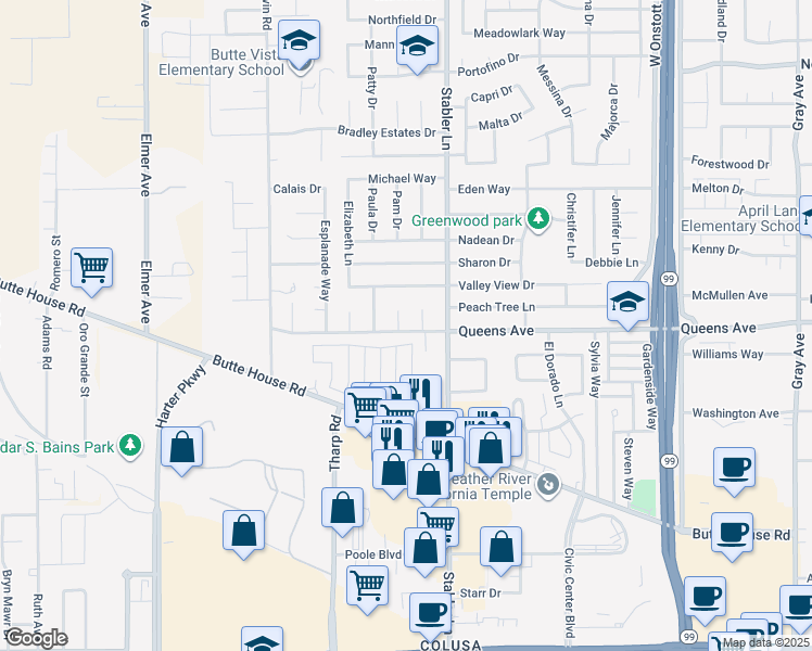map of restaurants, bars, coffee shops, grocery stores, and more near 1501 La Cresenta Court in Yuba City