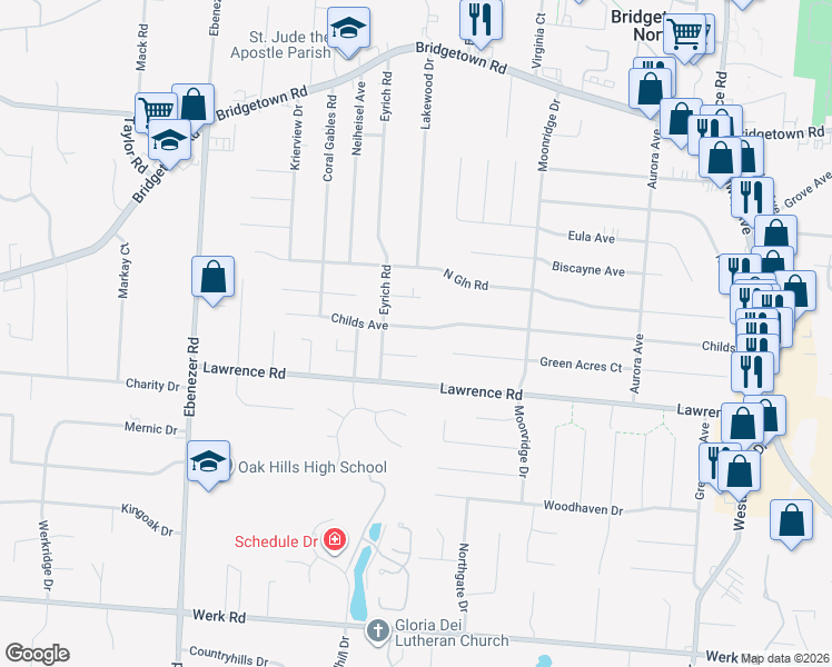 map of restaurants, bars, coffee shops, grocery stores, and more near 5868 Weston Court in Cincinnati