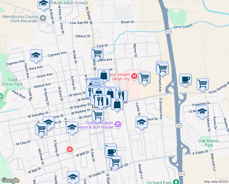 map of restaurants, bars, coffee shops, grocery stores, and more near 280 East Smith Street in Ukiah