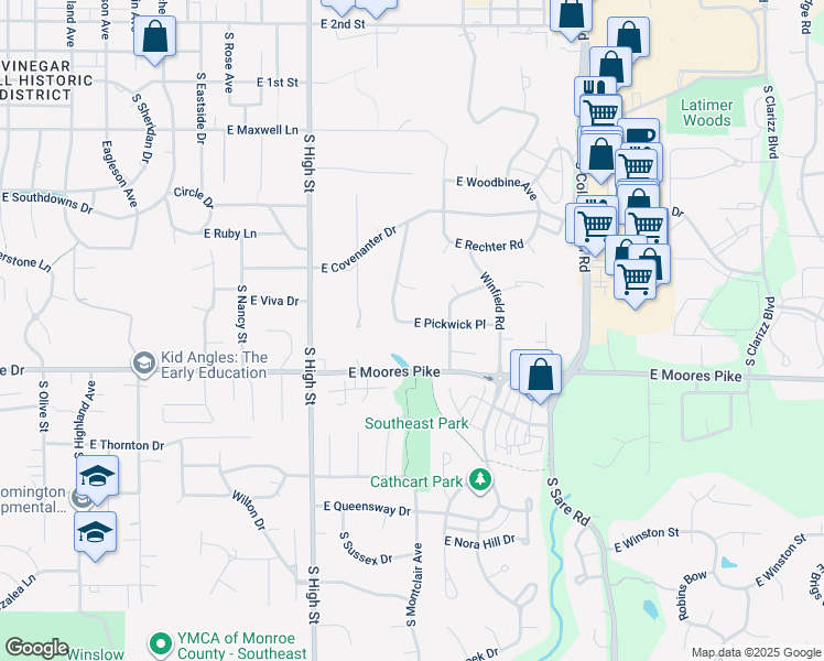 map of restaurants, bars, coffee shops, grocery stores, and more near 1434 East Pickwick Place in Bloomington