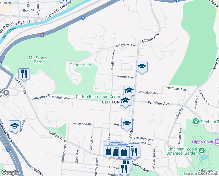 map of restaurants, bars, coffee shops, grocery stores, and more near 400 Rawson Woods Lane in Cincinnati