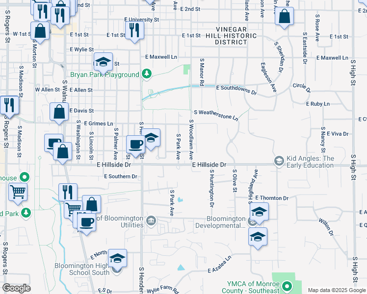 map of restaurants, bars, coffee shops, grocery stores, and more near 901 East Wilson Street in Bloomington