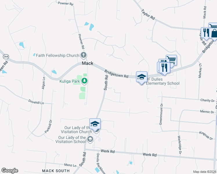 map of restaurants, bars, coffee shops, grocery stores, and more near 3398 South Road in Cincinnati