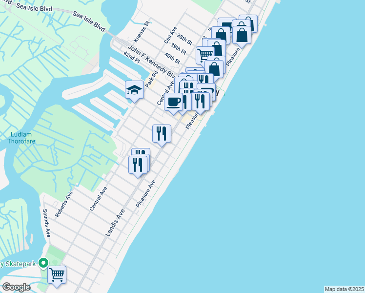 map of restaurants, bars, coffee shops, grocery stores, and more near 9 46th Street in Sea Isle City