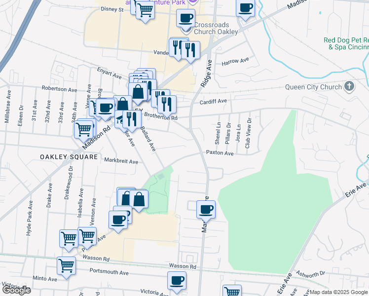 map of restaurants, bars, coffee shops, grocery stores, and more near 3259 Berwyn Place in Cincinnati
