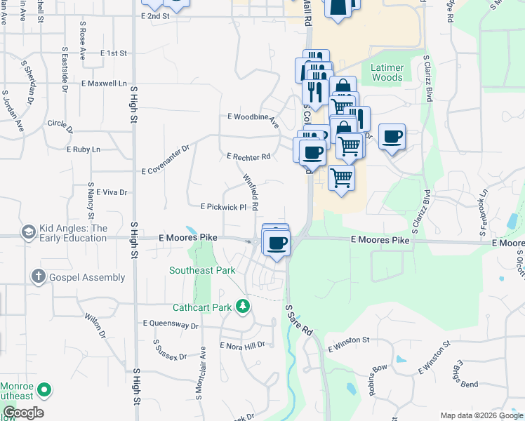 map of restaurants, bars, coffee shops, grocery stores, and more near 1419 Winfield Road in Bloomington