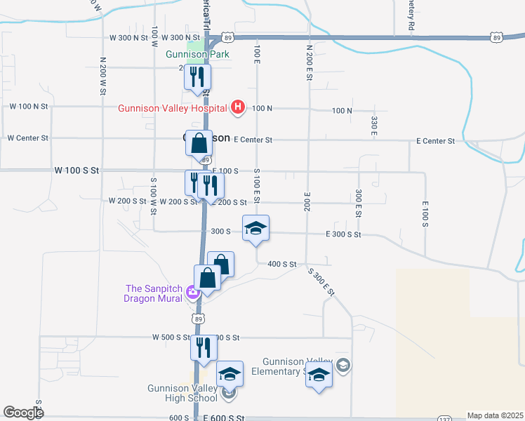 map of restaurants, bars, coffee shops, grocery stores, and more near 211 South 100 East Street in Gunnison