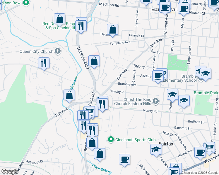 map of restaurants, bars, coffee shops, grocery stores, and more near in Cincinnati