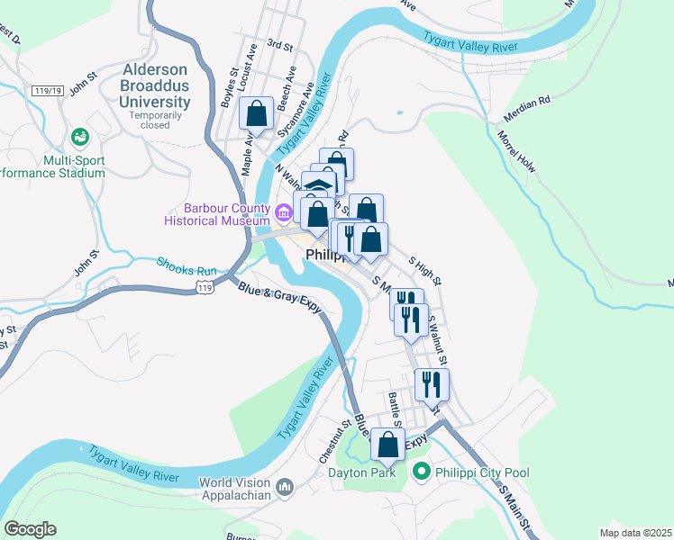 map of restaurants, bars, coffee shops, grocery stores, and more near River Street in Philippi