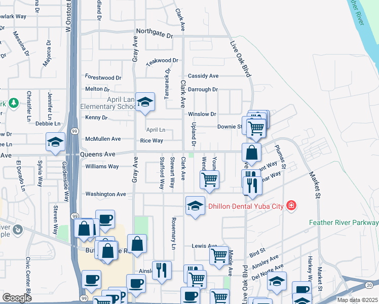 map of restaurants, bars, coffee shops, grocery stores, and more near 1489 Clark Avenue in Yuba City