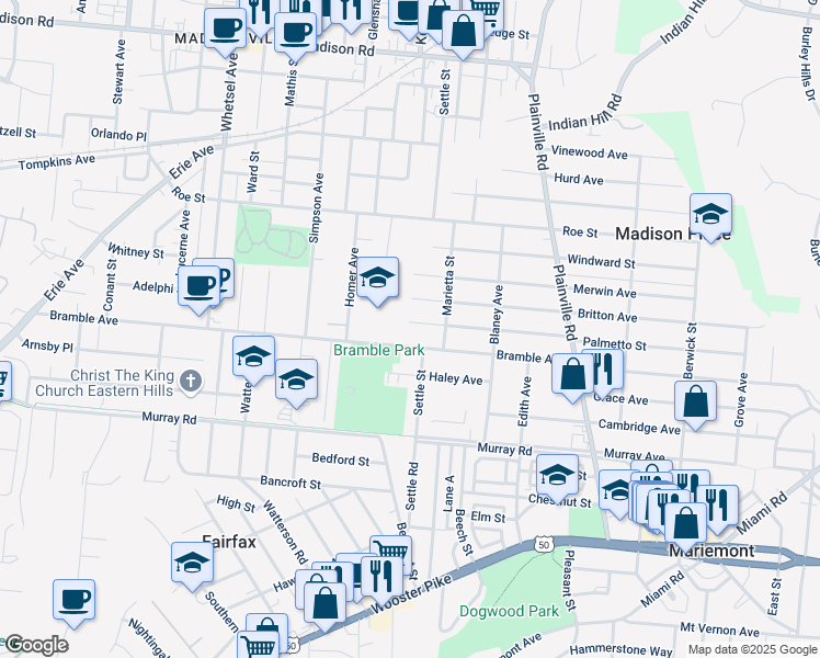 map of restaurants, bars, coffee shops, grocery stores, and more near 6504 Bramble Avenue in Cincinnati