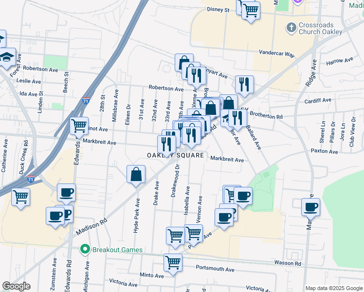 map of restaurants, bars, coffee shops, grocery stores, and more near in Cincinnati