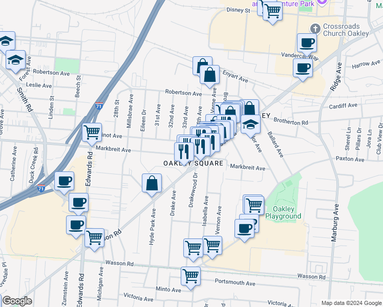 map of restaurants, bars, coffee shops, grocery stores, and more near in Cincinnati