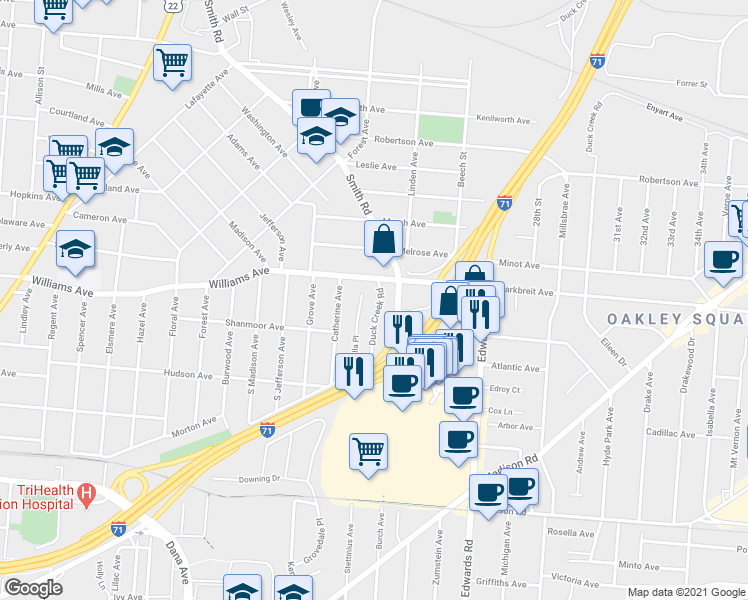 map of restaurants, bars, coffee shops, grocery stores, and more near 2574 Duck Creek Road in Cincinnati